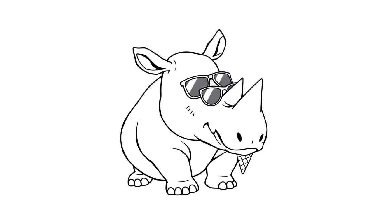 Dibujo lineal de un rinoceronte con gafas de sol y un cono de helado, listo para colorear.