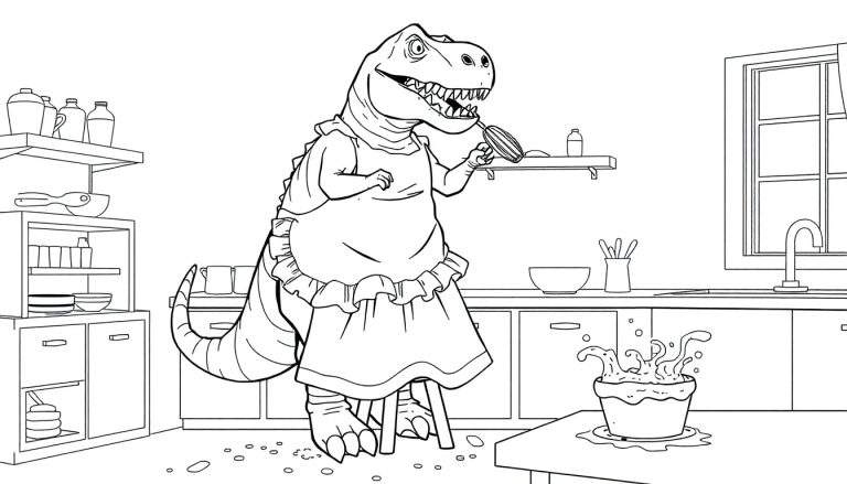 Página para colorear de un Tiranosaurio Rex con delantal usando una batidora eléctrica en una cocina.