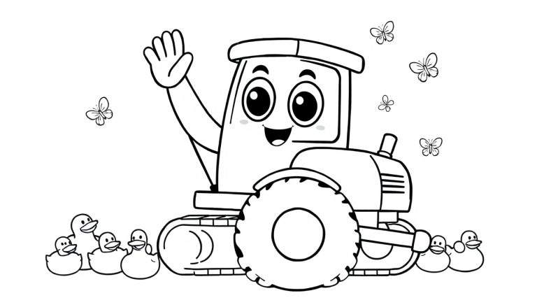 Página para colorear de un tractor de dibujos animados con cara feliz saludando, rodeado de mariposas y patitos.
