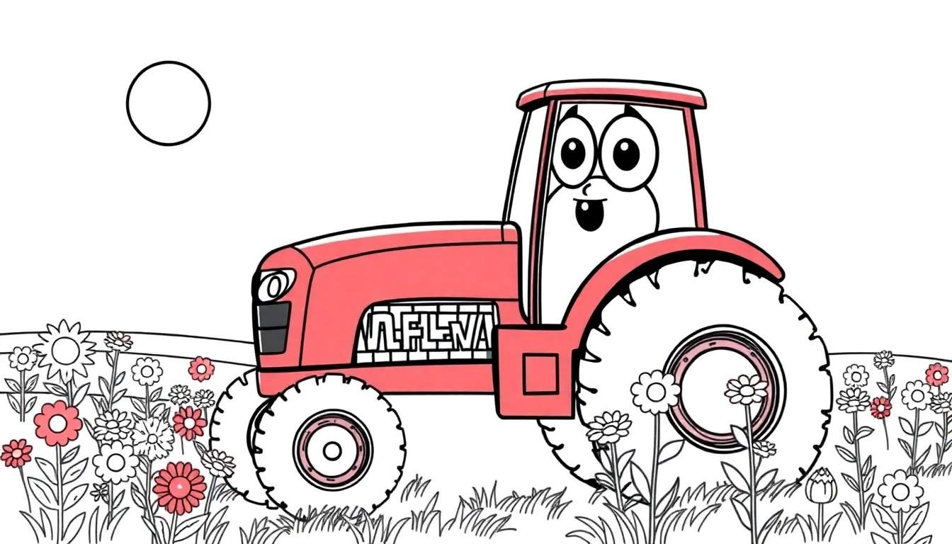 Página para colorear de un tractor rosa con cara sonriente y ojos grandes, parado en un campo de flores rosas y otras coloridas bajo un sol circular en el cielo.