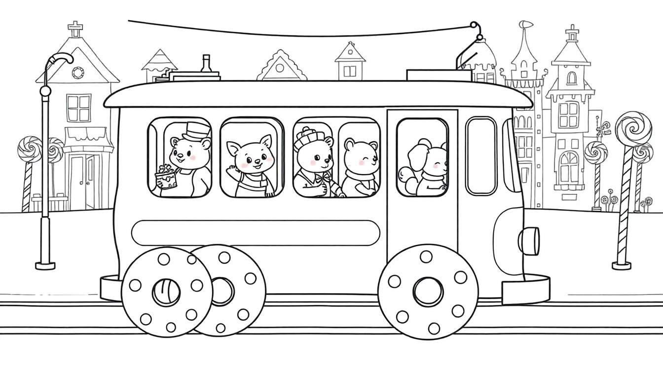 Ilustración para colorear de un tranvía con animales en las ventanas, frente a edificios y piruletas enormes.