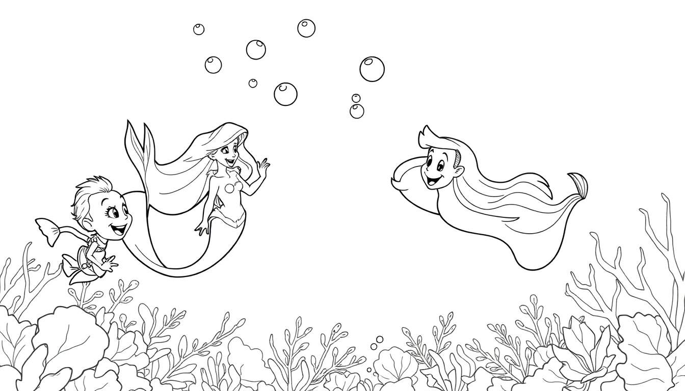 Dibujo para colorear de tres personajes marinos: dos sirenas o tritones a la izquierda (uno pequeño volando, otro saludando) y un tritón a la derecha, con fondo de coral y algas.