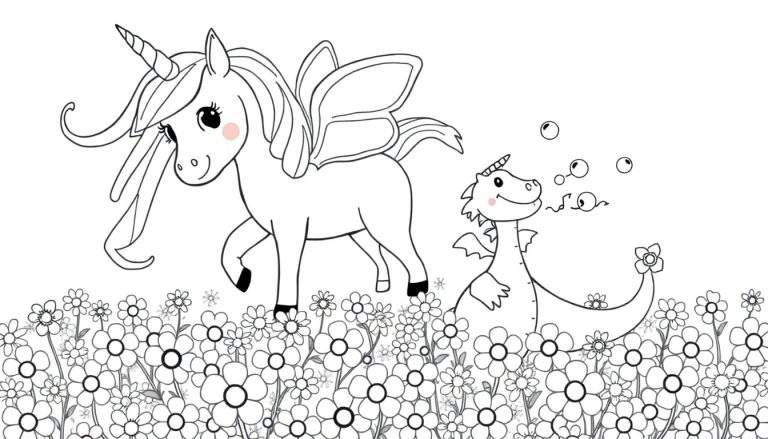 Página para colorear de un unicornio con alas y un dragón soplando burbujas entre flores. Ambos animales tienen mejillas sonrosadas.