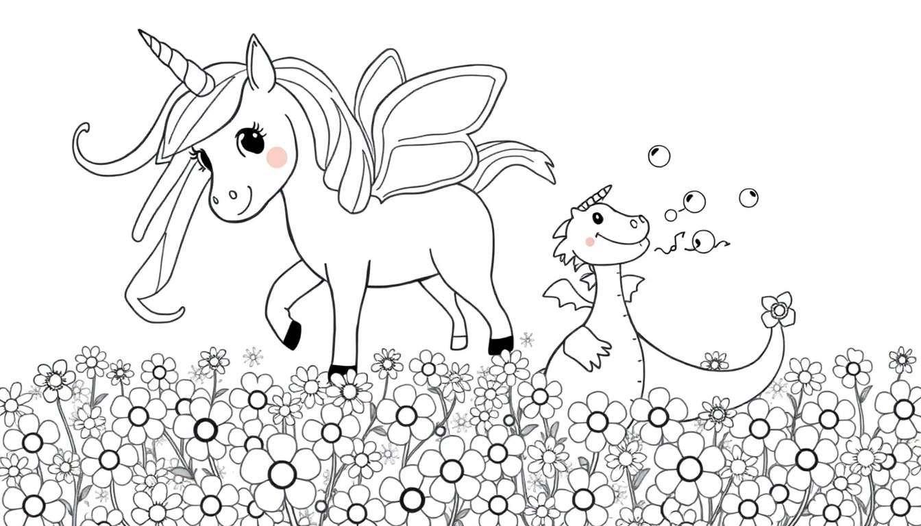 Página para colorear de un unicornio con alas y un dragón soplando burbujas entre flores. Ambos animales tienen mejillas sonrosadas.