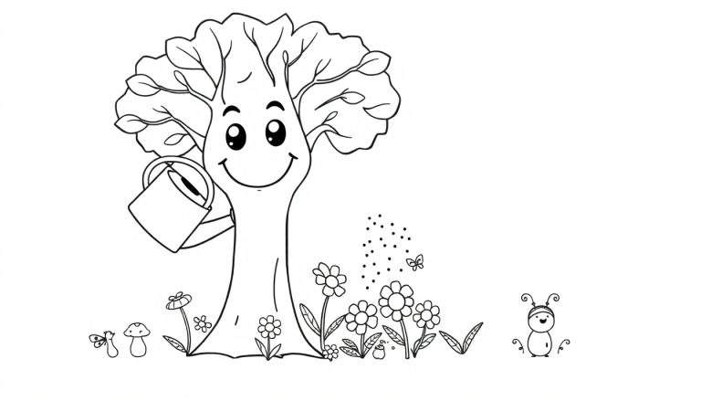 Página para colorear de un árbol sonriente regando flores, con un hongo, mariquita, mariposa y un personaje con antenas.