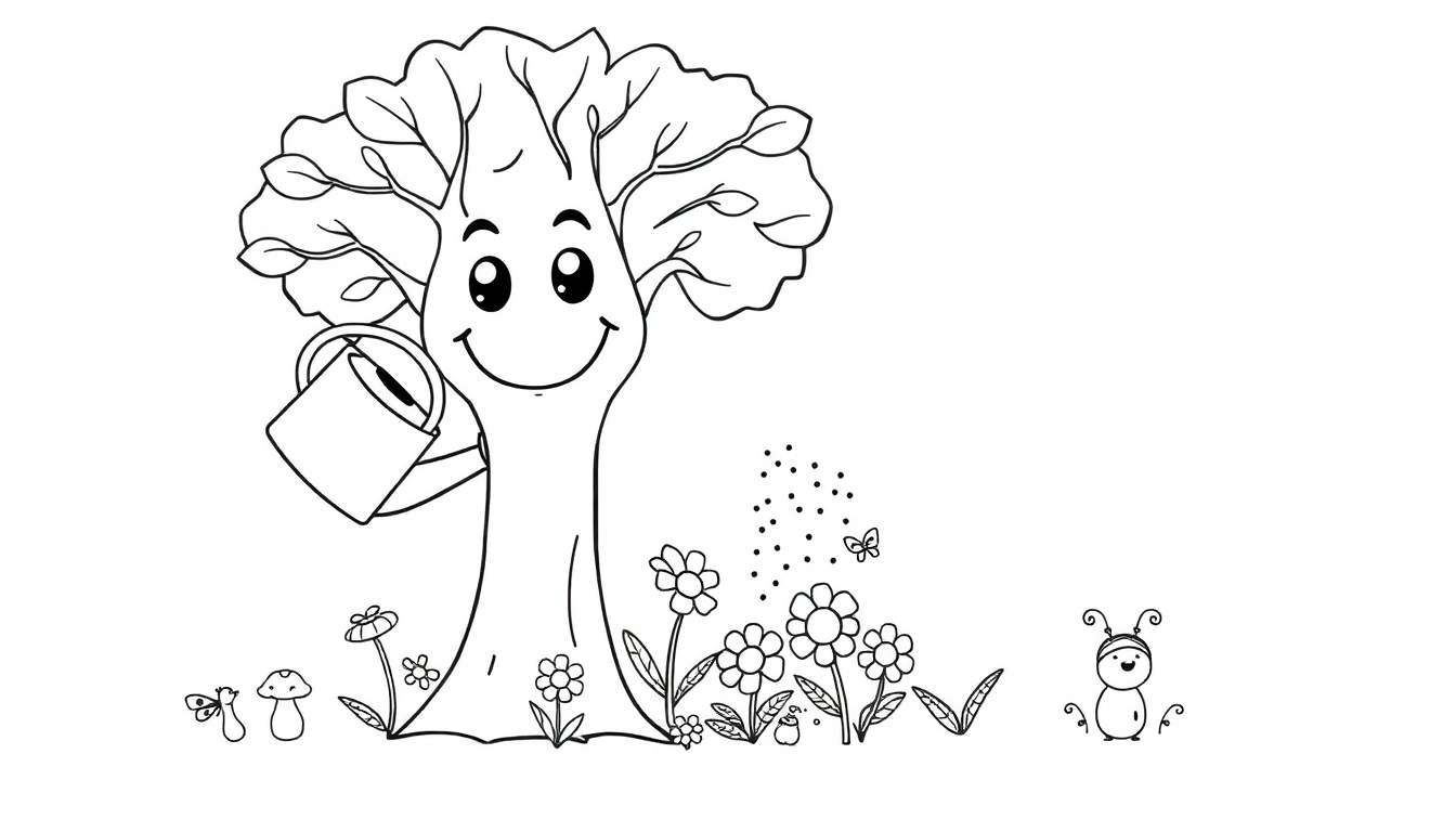 Página para colorear de un árbol sonriente regando flores, con un hongo, mariquita, mariposa y un personaje con antenas.