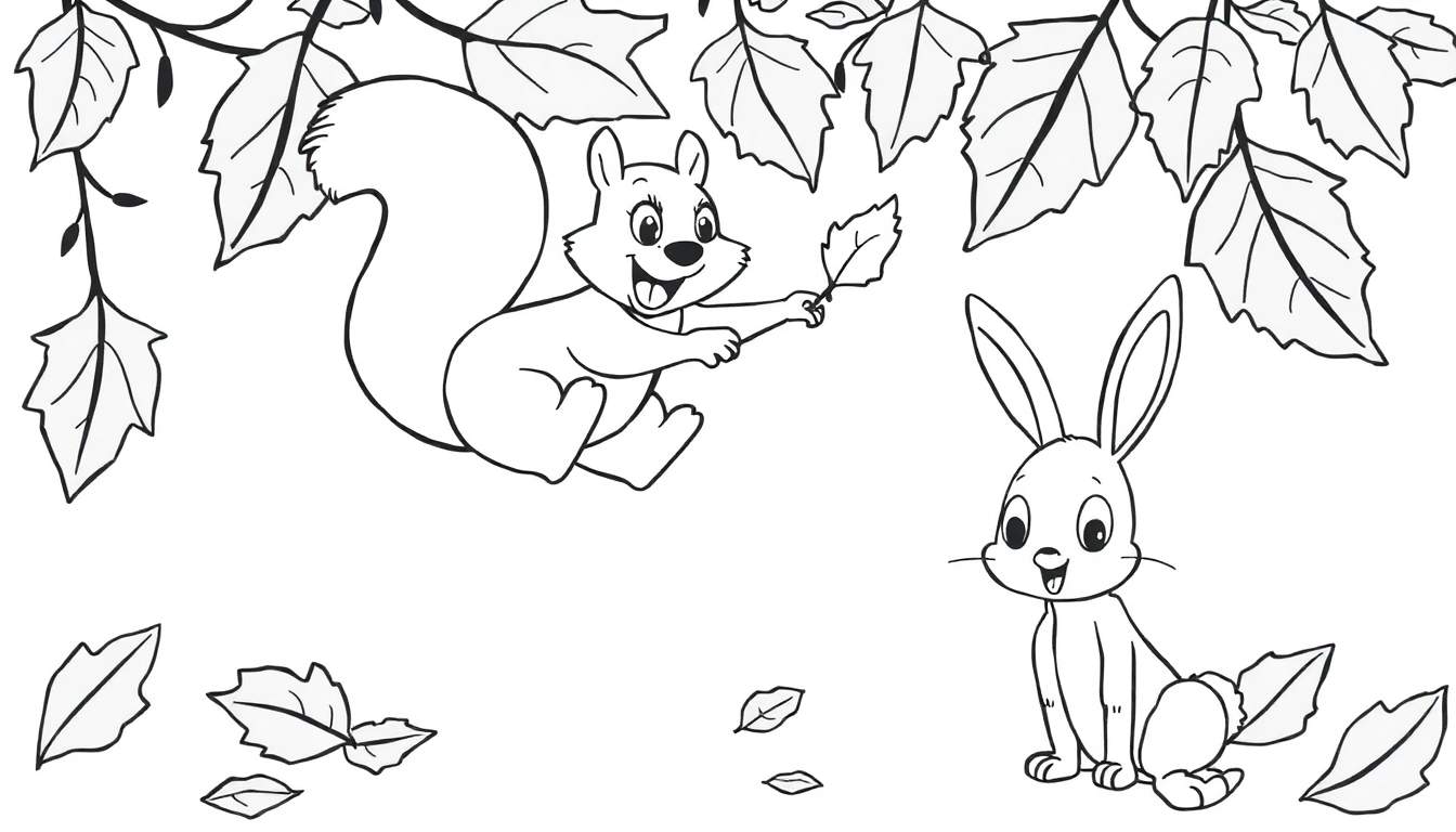 Dibujo para colorear de una ardilla colgando de una rama y un conejo sentado en el suelo, rodeados de hojas y ramas.