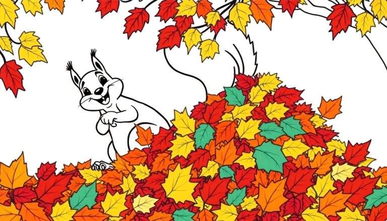 Página para colorear de una ardilla de caricatura sentada en una pila de hojas de otoño de colores, con algunas hojas flotando en el aire.