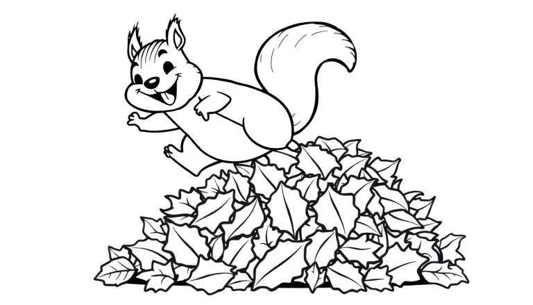Página para colorear de una ardilla de dibujos animados con la lengua fuera saltando sobre una pila de hojas de otoño.