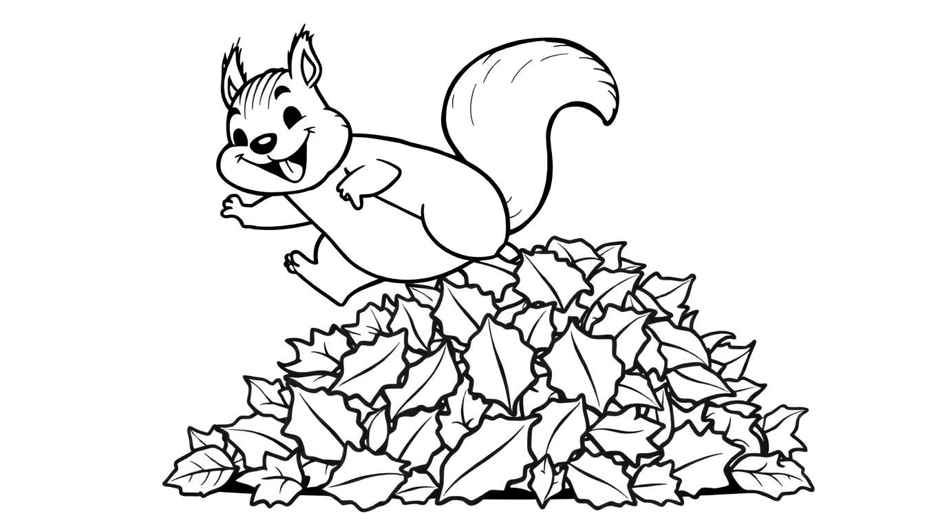 Página para colorear de una ardilla de dibujos animados con la lengua fuera saltando sobre una pila de hojas de otoño.