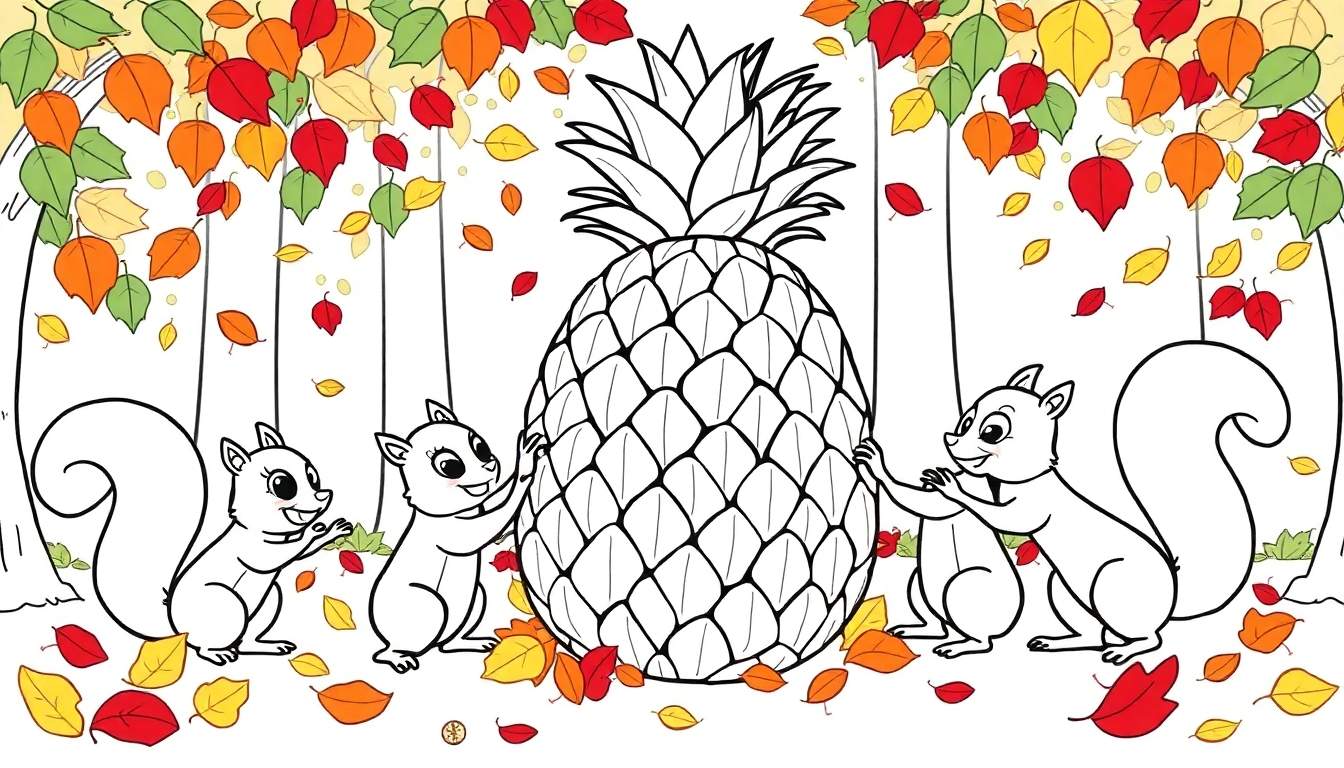 Página para colorear de dos ardillas curiosas mirando una piña enorme en un bosque otoñal con hojas caídas.