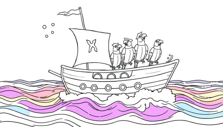 Dibujo lineal para colorear de un barco pirata con cinco loros, vela con X, sobre olas de colores y burbujas.