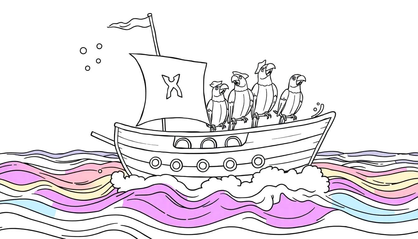 Dibujo lineal para colorear de un barco pirata con cinco loros, vela con X, sobre olas de colores y burbujas.