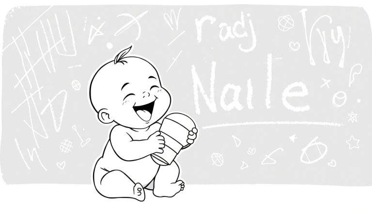 Página para colorear de un bebé feliz jugando con un recipiente, con garabatos y palabras en un fondo estilo pizarra.