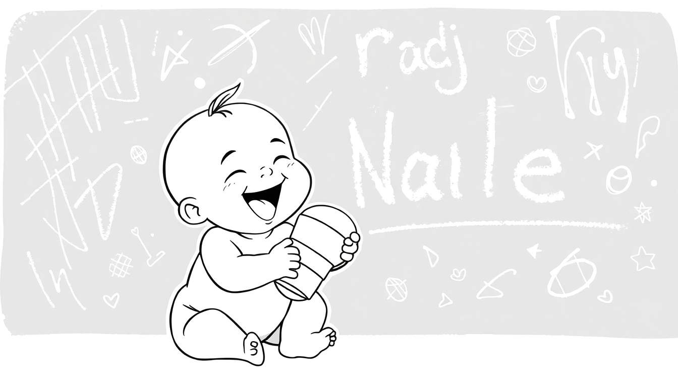 Página para colorear de un bebé feliz jugando con un recipiente, con garabatos y palabras en un fondo estilo pizarra.