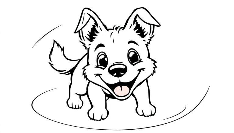 Dibujo en blanco y negro de un cachorro sonriendo con la lengua afuera, con orejas grandes y ojos redondos, rodeado de líneas curvas. Página para colorear para niños.