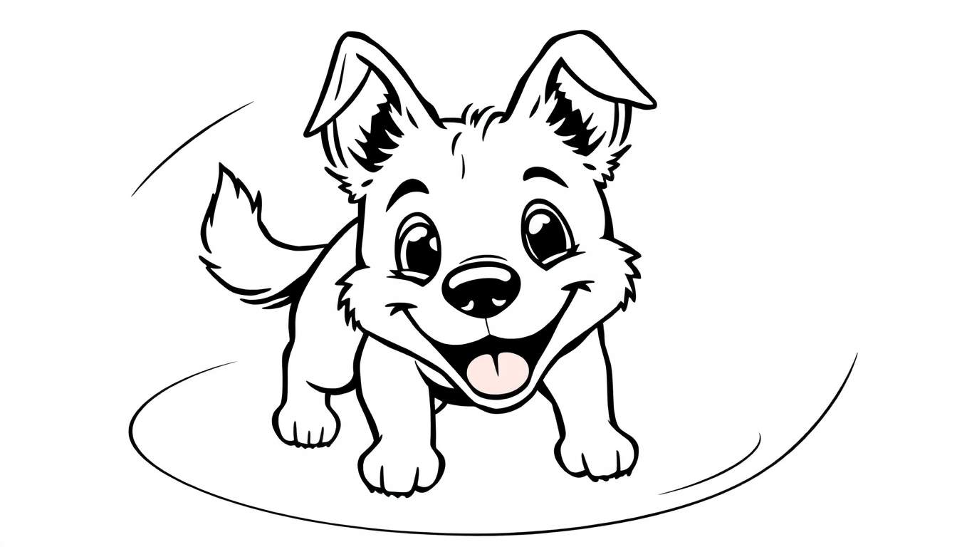 Dibujo en blanco y negro de un cachorro sonriendo con la lengua afuera, con orejas grandes y ojos redondos, rodeado de líneas curvas. Página para colorear para niños.