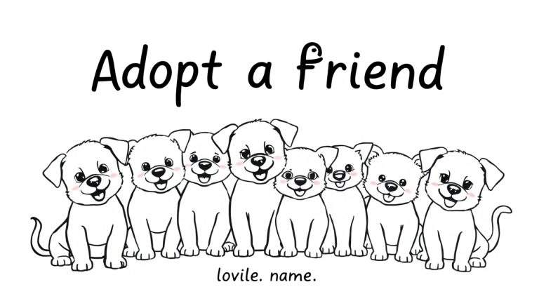 Ocho cachorros lindos y sonrientes en fila, esperando ser coloreados, con el texto 'Adopt a friend' arriba.