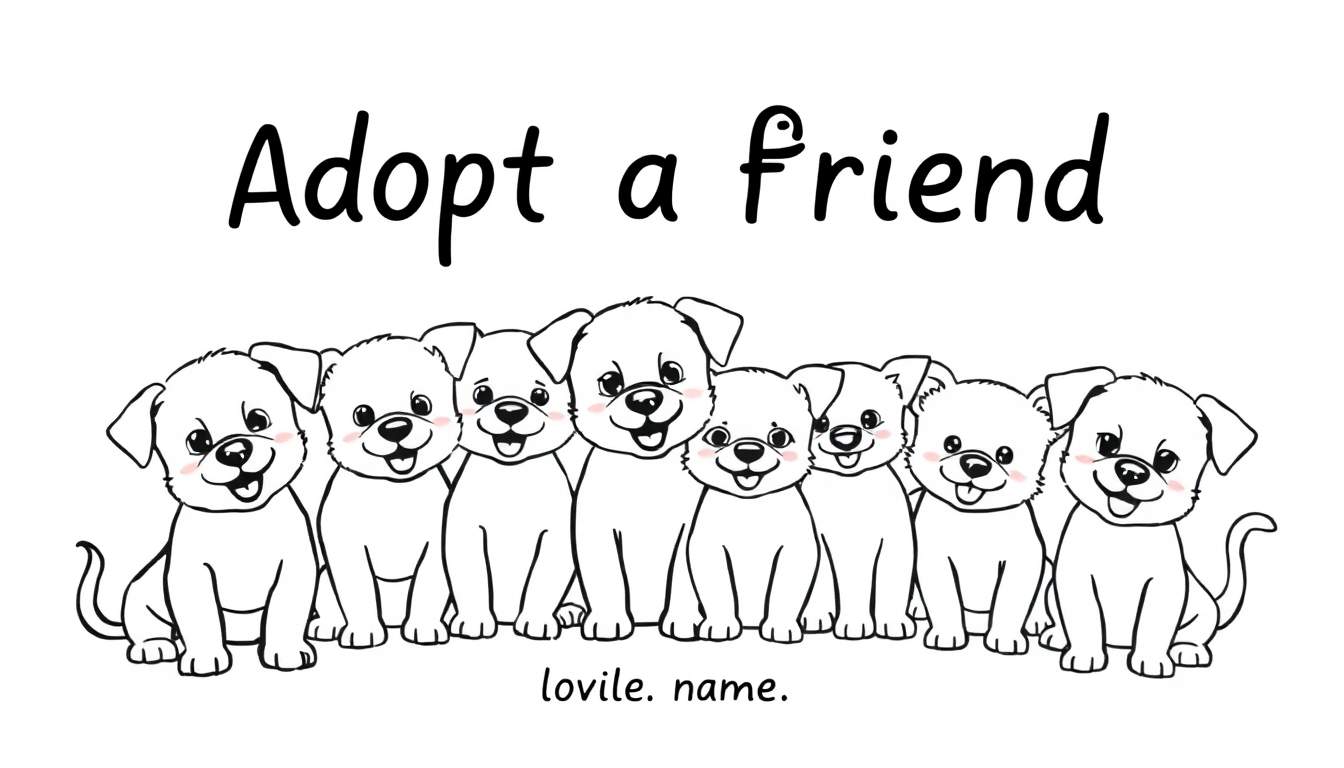 Ocho cachorros lindos y sonrientes en fila, esperando ser coloreados, con el texto 'Adopt a friend' arriba.