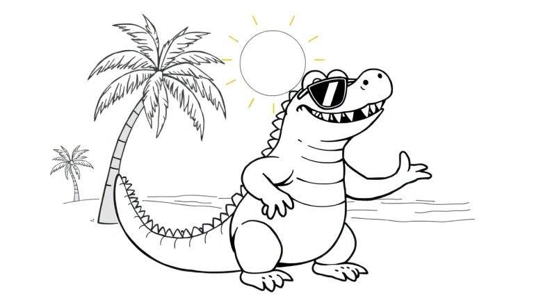 Página para colorear de un caimán sonriente con gafas de sol en una playa, con una palmera y el sol.