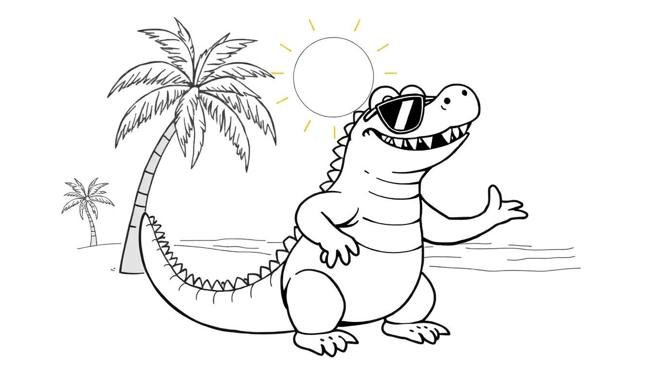Página para colorear de un caimán sonriente con gafas de sol en una playa, con una palmera y el sol.