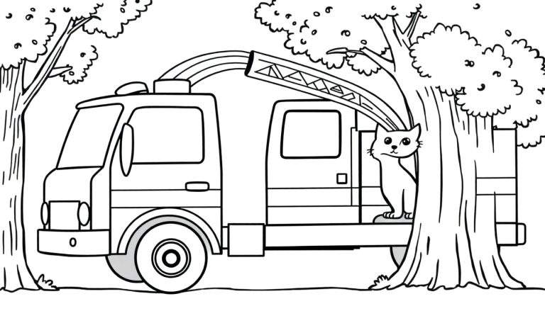 Página para colorear de un camión de bomberos con escalera extendida, un gato blanco en un árbol y árboles alrededor.