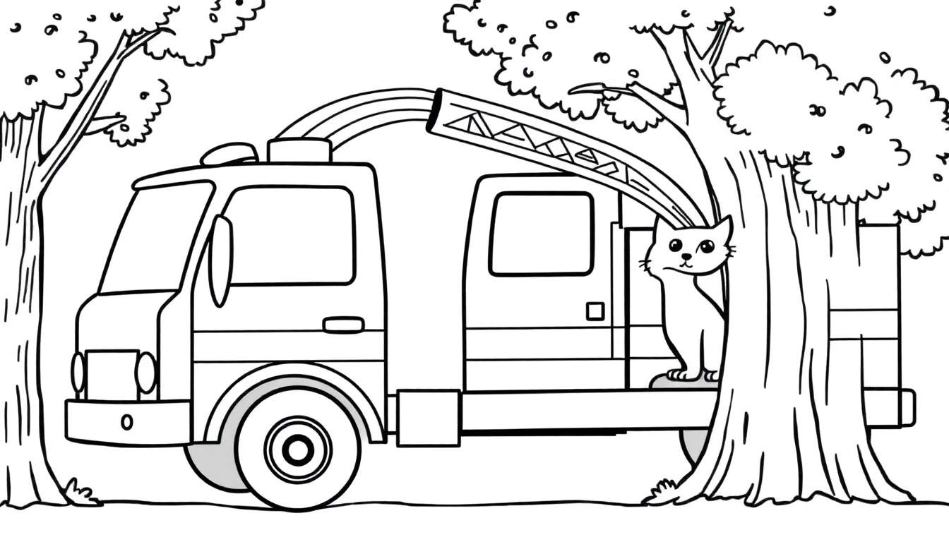Página para colorear de un camión de bomberos con escalera extendida, un gato blanco en un árbol y árboles alrededor.