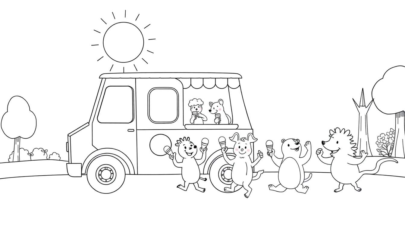 Página para colorear de un camión de helados con niños y animales comiendo helado en un día soleado.