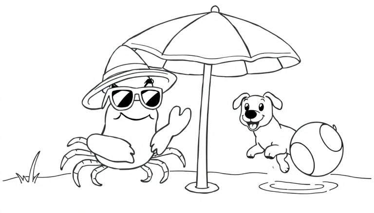 Página para colorear con un cangrejo con sombrero y gafas de sol, una sombrilla de playa y un perro jugando con una pelota.