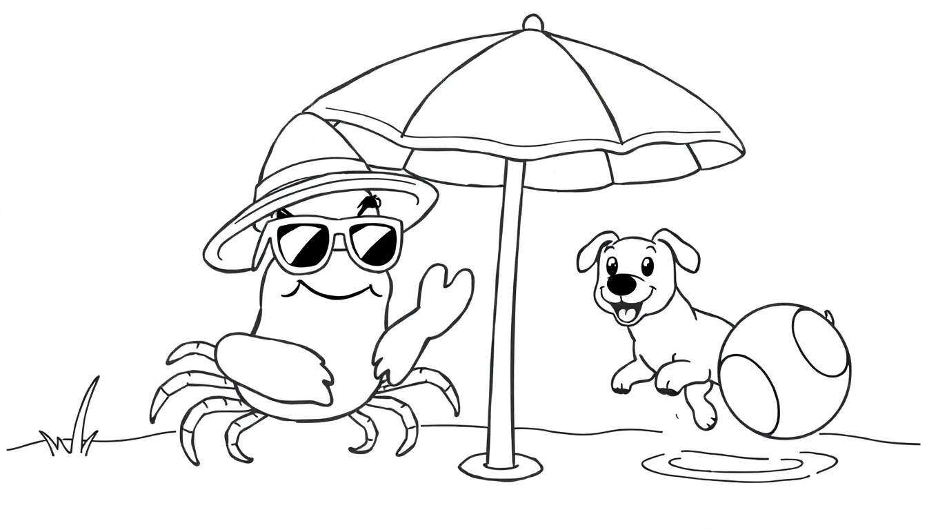 Página para colorear con un cangrejo con sombrero y gafas de sol, una sombrilla de playa y un perro jugando con una pelota.