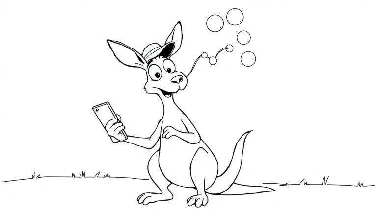 Imagen para colorear de un canguro de dibujos animados con sombrero y teléfono, soplando burbujas