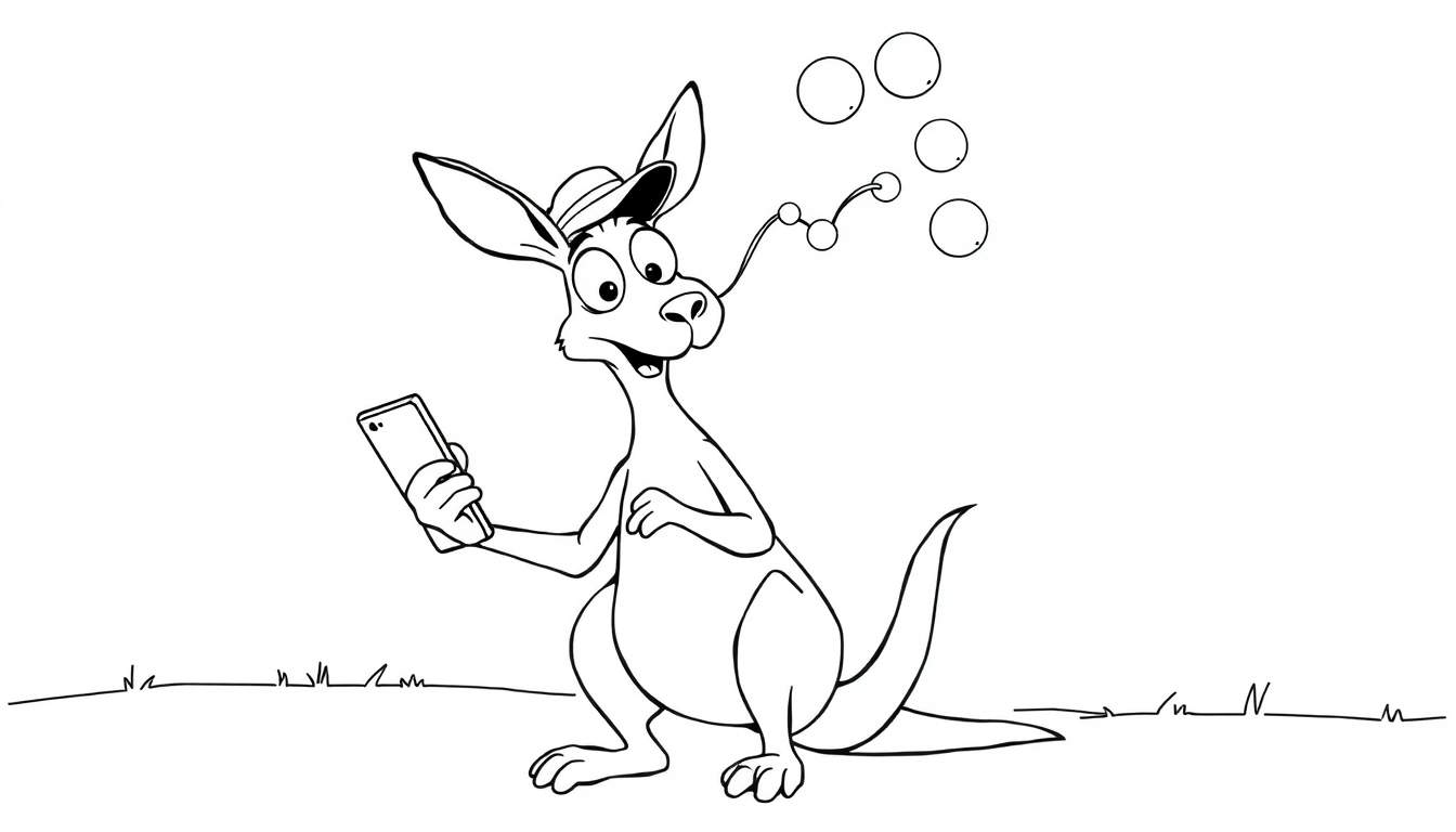 Imagen para colorear de un canguro de dibujos animados con sombrero y teléfono, soplando burbujas