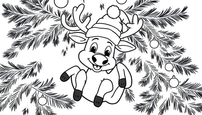 Dibujo en blanco y negro de un ciervo de dibujos animados con gorro de Papá Noel y astas colgando de una rama de árbol de Navidad decorado con bolas.