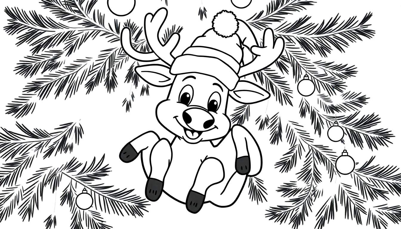 Dibujo en blanco y negro de un ciervo de dibujos animados con gorro de Papá Noel y astas colgando de una rama de árbol de Navidad decorado con bolas.