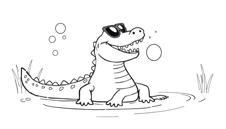 Página para colorear de un cocodrilo caricaturesco sonriendo y usando gafas de sol, sentado en el agua con burbujas.