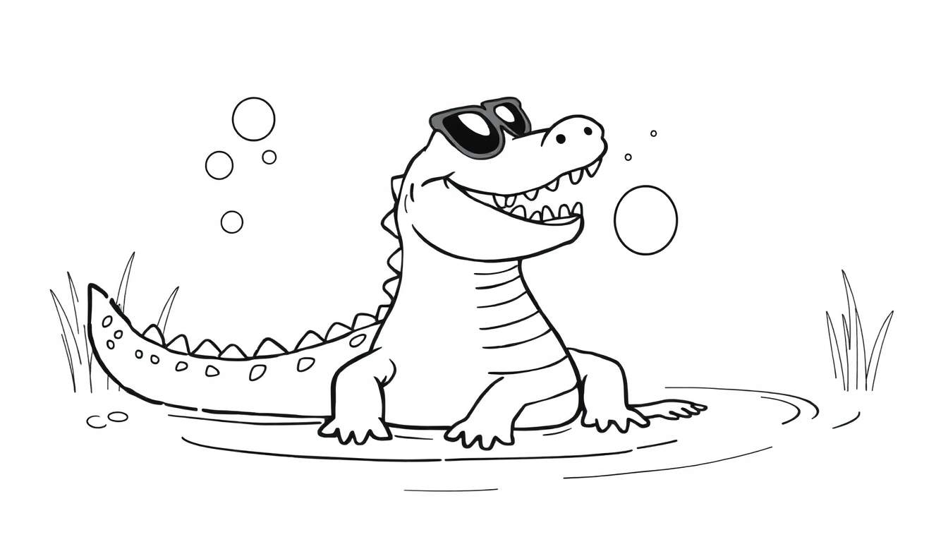 Página para colorear de un cocodrilo caricaturesco sonriendo y usando gafas de sol, sentado en el agua con burbujas.