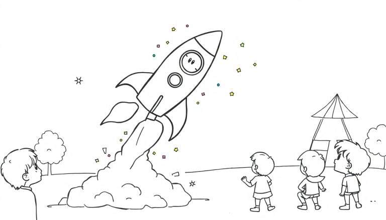 Ilustración para colorear de un cohete espacial con cara feliz despegando, llamas y humo, tres niños mirando, árboles y una carpa al fondo, con estrellas y formas flotando.