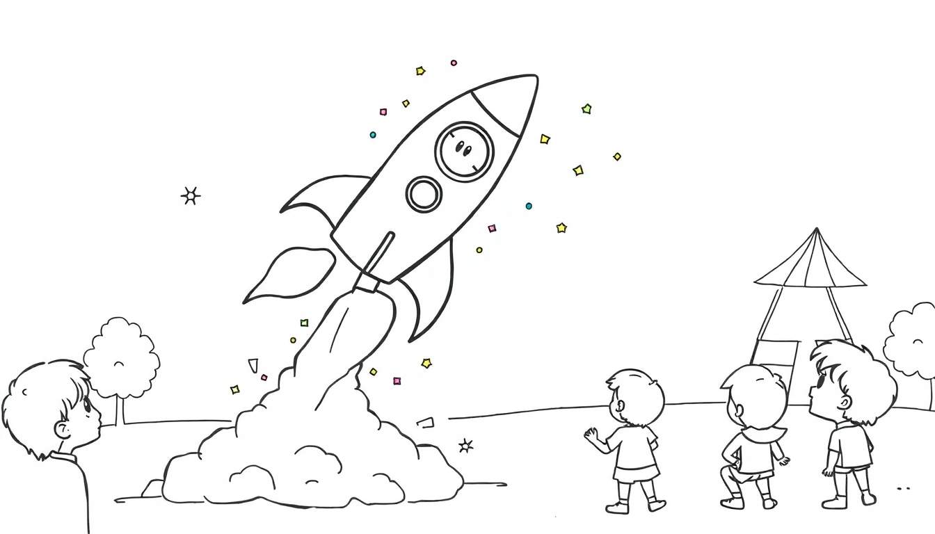Ilustración para colorear de un cohete espacial con cara feliz despegando, llamas y humo, tres niños mirando, árboles y una carpa al fondo, con estrellas y formas flotando.