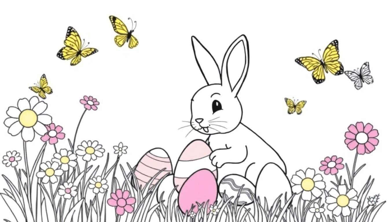Página para colorear de un conejito de Pascua con huevos y flores, con mariposas.