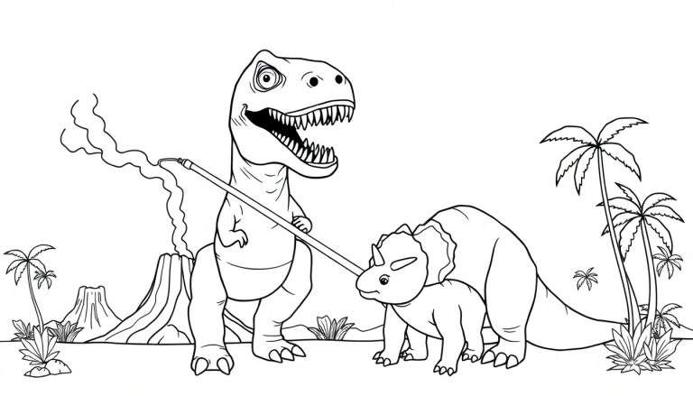 Página para colorear de dos dinosaurios y un volcán