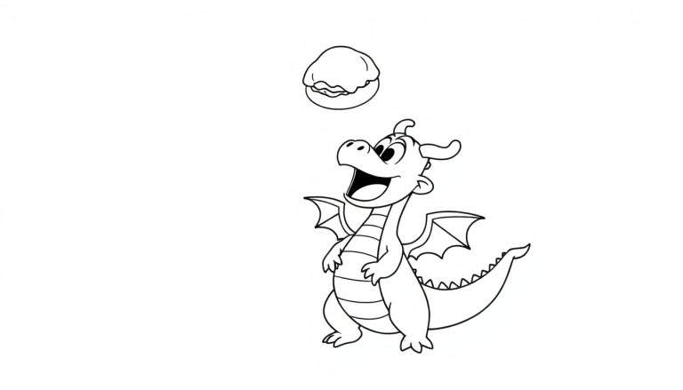 Dibujo lineal en blanco y negro de un dragón de caricatura con brazos en el vientre mirando hacia arriba a un bollo de crema flotante.