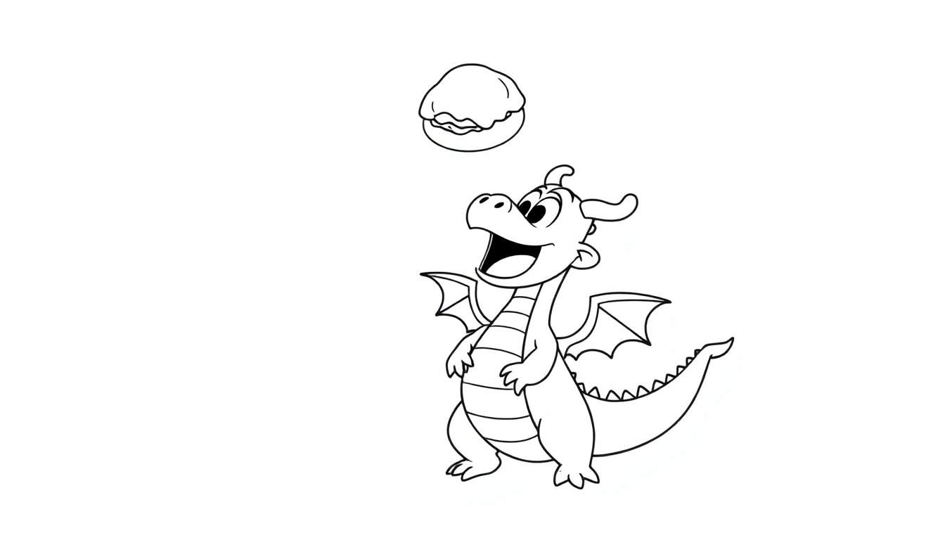 Dibujo lineal en blanco y negro de un dragón de caricatura con brazos en el vientre mirando hacia arriba a un bollo de crema flotante.