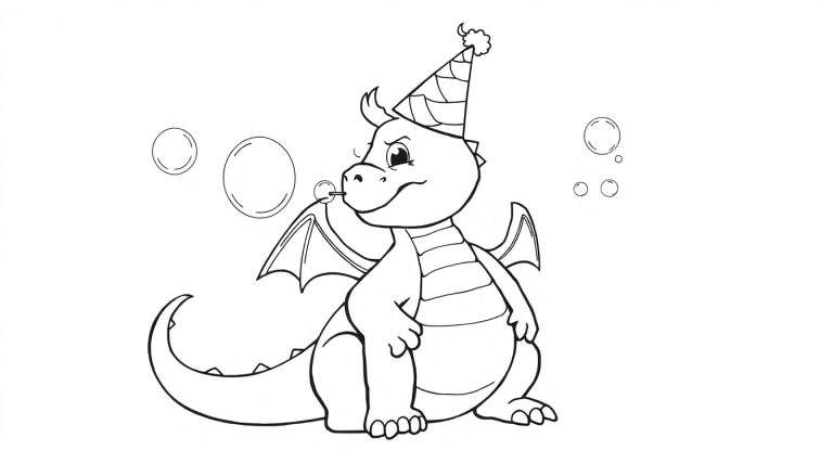 Dibujo lineal en blanco y negro de un dragón de dibujos animados amistoso y regordete con un sombrero de fiesta soplando burbujas.