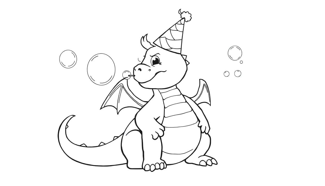 Dibujo lineal en blanco y negro de un dragón de dibujos animados amistoso y regordete con un sombrero de fiesta soplando burbujas.