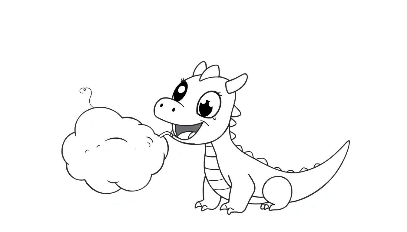 Dibujo lineal de un dragón de caricatura sentado y soplando humo.