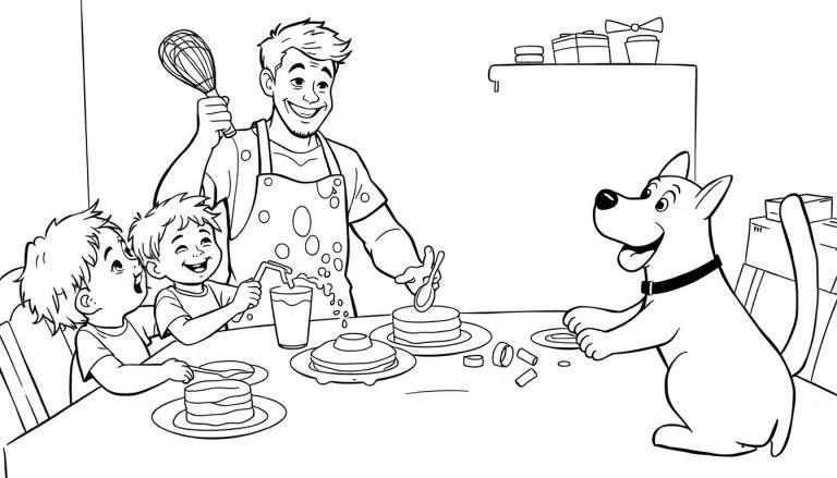 Padre con delantal y batidora, dos niños riendo, uno bebiendo con pajita y otro mirando asombrado, un perro sonriente con las patas en la mesa, tortitas y ingredientes decorativos en la mesa, cajas apiladas y regalos envueltos detrás. Imagen en blanco y negro para colorear.