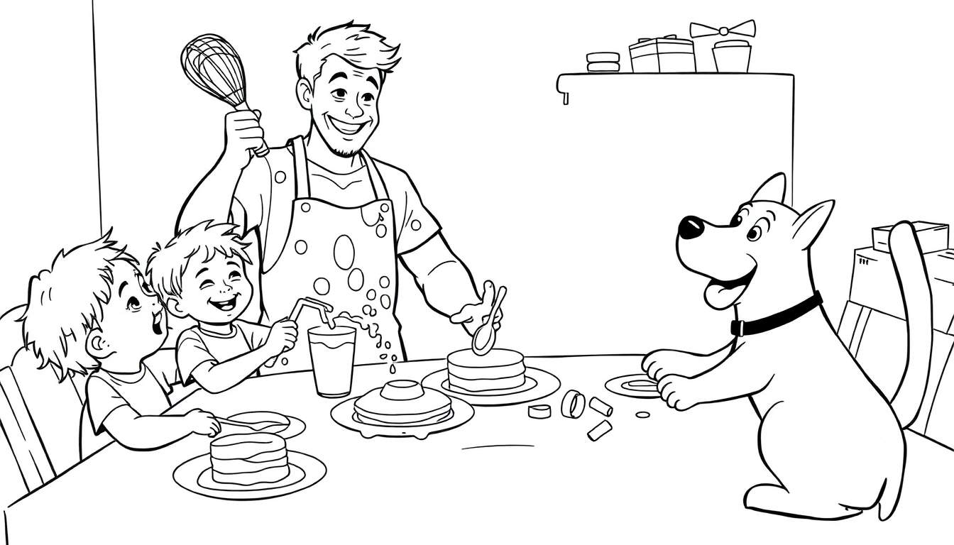 Padre con delantal y batidora, dos niños riendo, uno bebiendo con pajita y otro mirando asombrado, un perro sonriente con las patas en la mesa, tortitas y ingredientes decorativos en la mesa, cajas apiladas y regalos envueltos detrás. Imagen en blanco y negro para colorear.