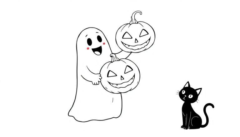 Página para colorear con un fantasma sonriente, dos calabazas y un gato negro sentado, listo para ser coloreado.