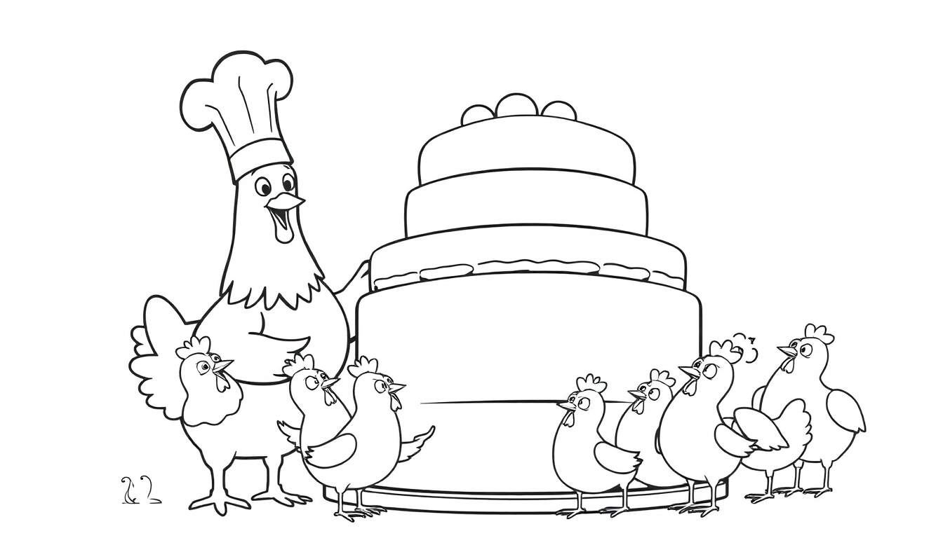 Página para colorear de una gallina chef sirviendo pastel a otras gallinas en una fiesta de cumpleaños.