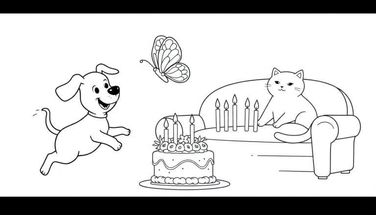 Página para colorear con un perro saltando, una mariposa volando, un pastel de cumpleaños y un gato en un sofá.